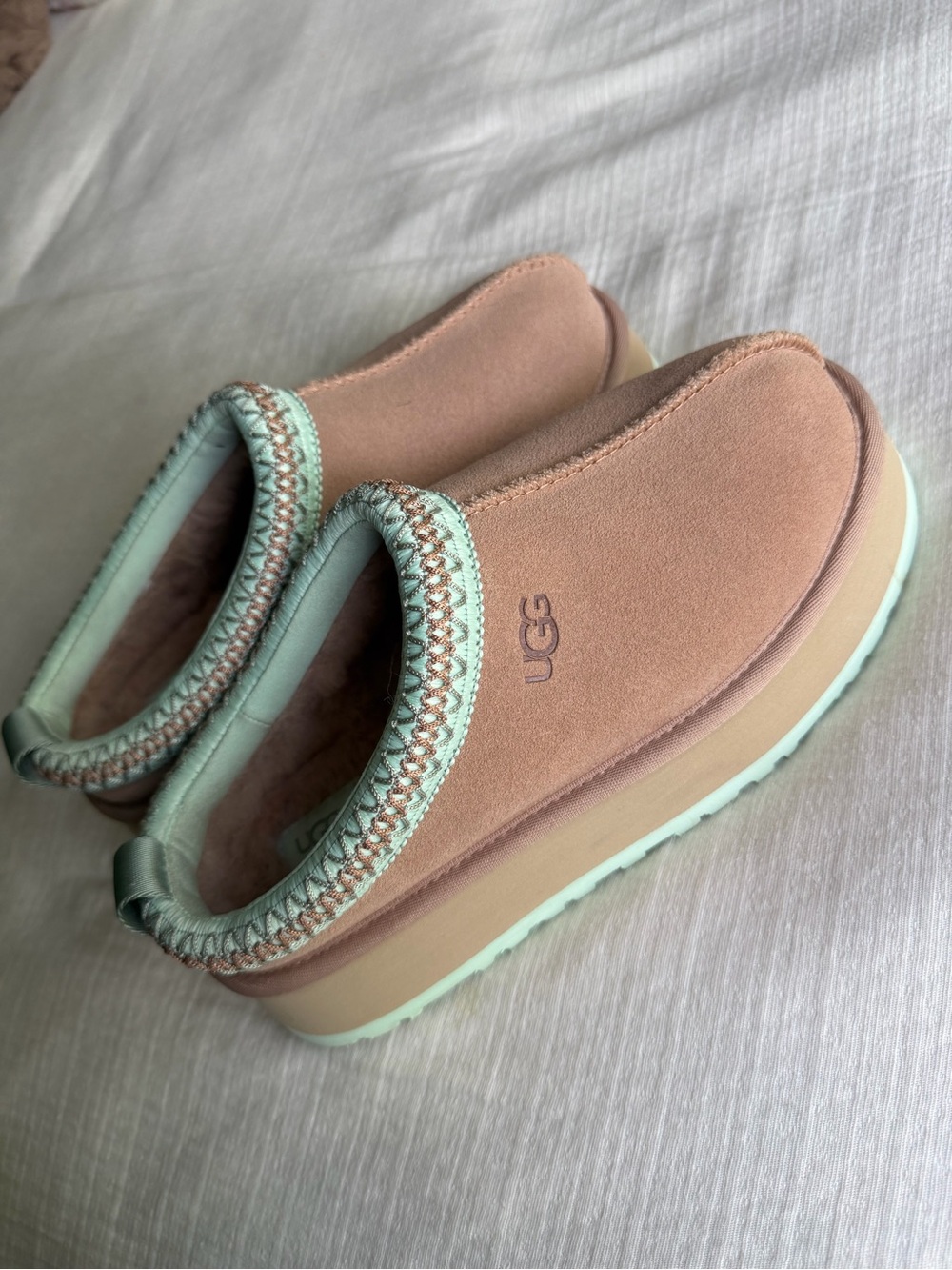 UGG Women's Pink Suede Slip-On Slippers with Mint Trim